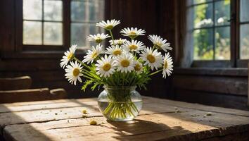 ramo de flores de blanco margaritas con brillante amarillo centros en vaso florero descansando en un rústico de madera mesa foto