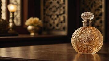 oriental perfume botella exquisitamente hecho a mano con intrincado patrones con translúcido dorado matiz líquido foto