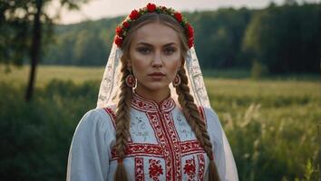 hermosa eslavo mujer vestido en tradicional lino blanco vestir con rojo bordado foto