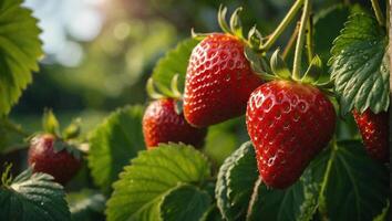 Close up view of ripe juicy strawberries hanging on a branch photo