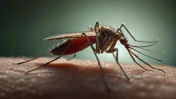 Close up view of a mosquito on human skin showing the insect's long proboscis inserted into the skin to feed on blood photo