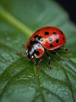A close-up of a red ladybug with black spots sitting on a green leaf photo