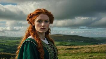 Young beautiful woman of Irish descent with fiery red hair wearing an ancient traditional Irish dress stands amidst the picturesque nature of Ireland photo