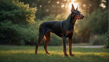 Doberman dog standing in a serene park with lush trees and a setting sun photo