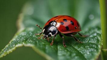 un de cerca de un rojo mariquita con negro lugares sentado en un verde hoja foto