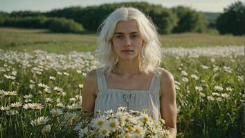 Young woman with snowy white hair dressed in a sundress standing in a lush green field with daisies on a sunny day photo