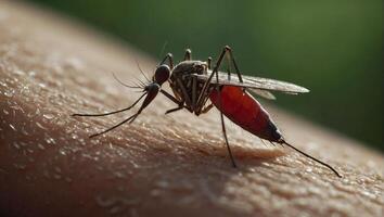 Close up view of a mosquito on human skin showing the insect's long proboscis inserted into the skin to feed on blood photo