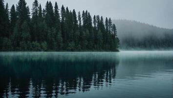 Crystal clear lake enveloped in fog surrounded by towering trees that reach up towards the sky photo