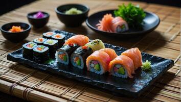 Platter filled with gourmet sushi rolls with different fresh seafood ingredients photo