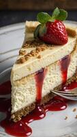 Delicious slice of cheesecake topped with ripe red strawberries photo