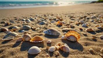 Beach landscape displaying multiple seashells scattered on the sand photo