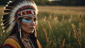 Native american girl in traditional dress decorative headband with feathers detailed face paint standing in a serene prairie surrounded by tall grass and wildflowers photo