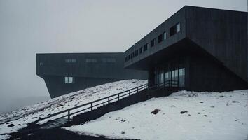 Mesmerically moody dark and gloomy massively monolithic Scandinavian minimalism brutalist futuristic structure on an icelandic snowy exterior photo