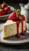 Delicious slice of cheesecake topped with ripe red strawberries photo