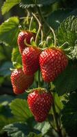 Close up view of ripe juicy strawberries hanging on a branch photo
