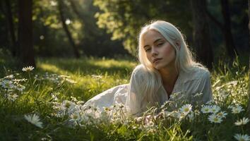 Young woman with white hair dressed in a sundress lying in a lush green field with daisies photo