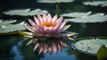 Lotus water lily floating on the calm surface of a tranquil pond photo