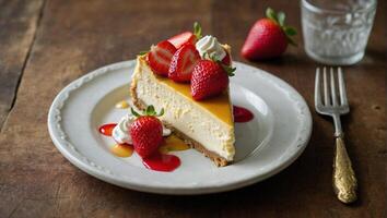 delicioso rebanada de tarta de queso coronado con maduro rojo fresas foto