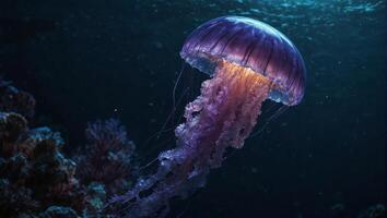 Jellyfish gracefully propelling through the water of dark mysterious depths of the ocean with its body emitting purple glow photo