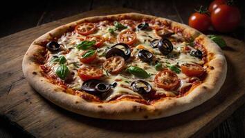 Freshly baked italian pizza with tomatoes and olives on wooden table close up view photo