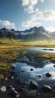 Photorealistic cinematic landscape of mountains mirrored in a crystal lake photo