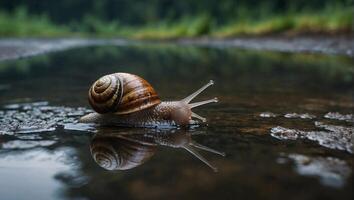 Snail leisurely moves across moist ground abundantly laden with puddles. Landscape mirrors itself in the water photo