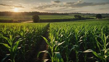 granja con lozano verde maíz cultivos balanceo suavemente en el viento debajo un soleado cielo foto