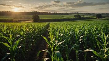 Farm with lush green corn crops swaying gently in the wind under a sunny sky photo