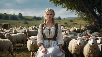 Shepherd blonde girl surrounded by sheep photo