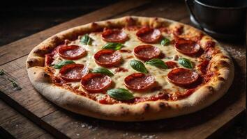 Freshly baked italian pizza with pepperoni on wooden table close up view photo