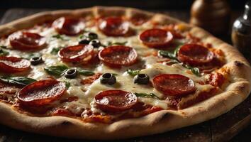Freshly baked italian pizza with pepperoni and olives on wooden table close up view photo