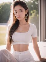 Beautiful young asian girl portrait with hoop earrings long silky hair and white clothes photo