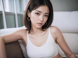 hermosa joven asiático niña retrato con aro pendientes y blanco ropa foto