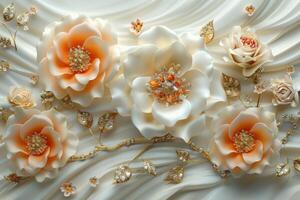 Beautiful jewelry, roses, and floral decorations on a wallpaper photo