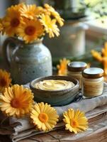 Calendula cream and calendula flowers photo