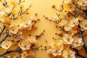 3D branches of golden arabesque-style flowers on a gold background. photo