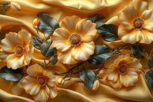 3D branches of golden arabesque-style flowers on a gold background. photo