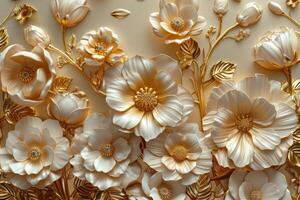 3D branches of golden arabesque-style flowers on a gold background. photo