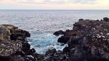 Beautiful rocky beach on Tenerife with the waves of the blue ocean. video