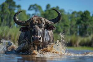 Angry buffalo in water in Africa photo
