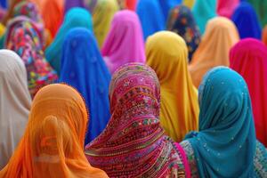 Crowd of women in vibrant traditional dresses photo