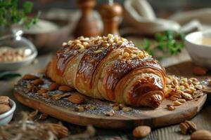 Almond Croissant topping with nuts served on wooden board. French breakfast photo