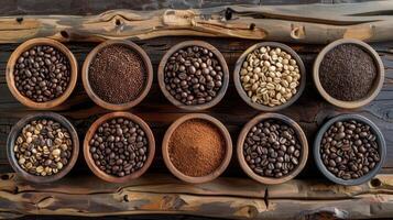 Assorted coffee beans on a driftwood background photo