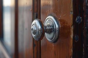 Vintage door knob on weathered wooden door photo