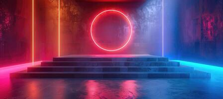 Modern neon circle light and podium in a minimalistic room for product placement display. photo