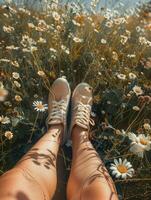 persona relajante en un campo, Zapatos en enfocar. piernas de un niña con verano zapatillas en un primavera floreciente prado foto