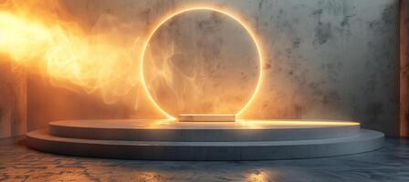 Modern neon circle light and podium in a minimalistic room for product placement display. photo