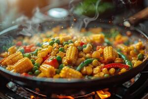 Corn, peas and carrot in a pan frying photo