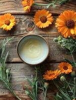 Calendula cream and calendula flowers photo