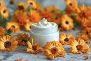 Calendula cream and calendula flowers photo